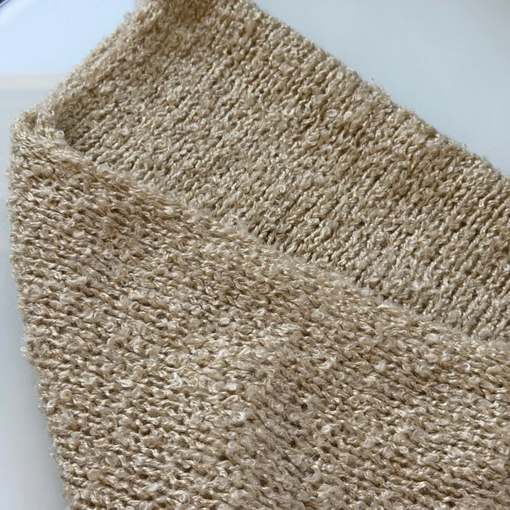 Beige Fringe Trim Knit Shawl Wrap Boho Vintage OS Layering Cozy Fall Scarf